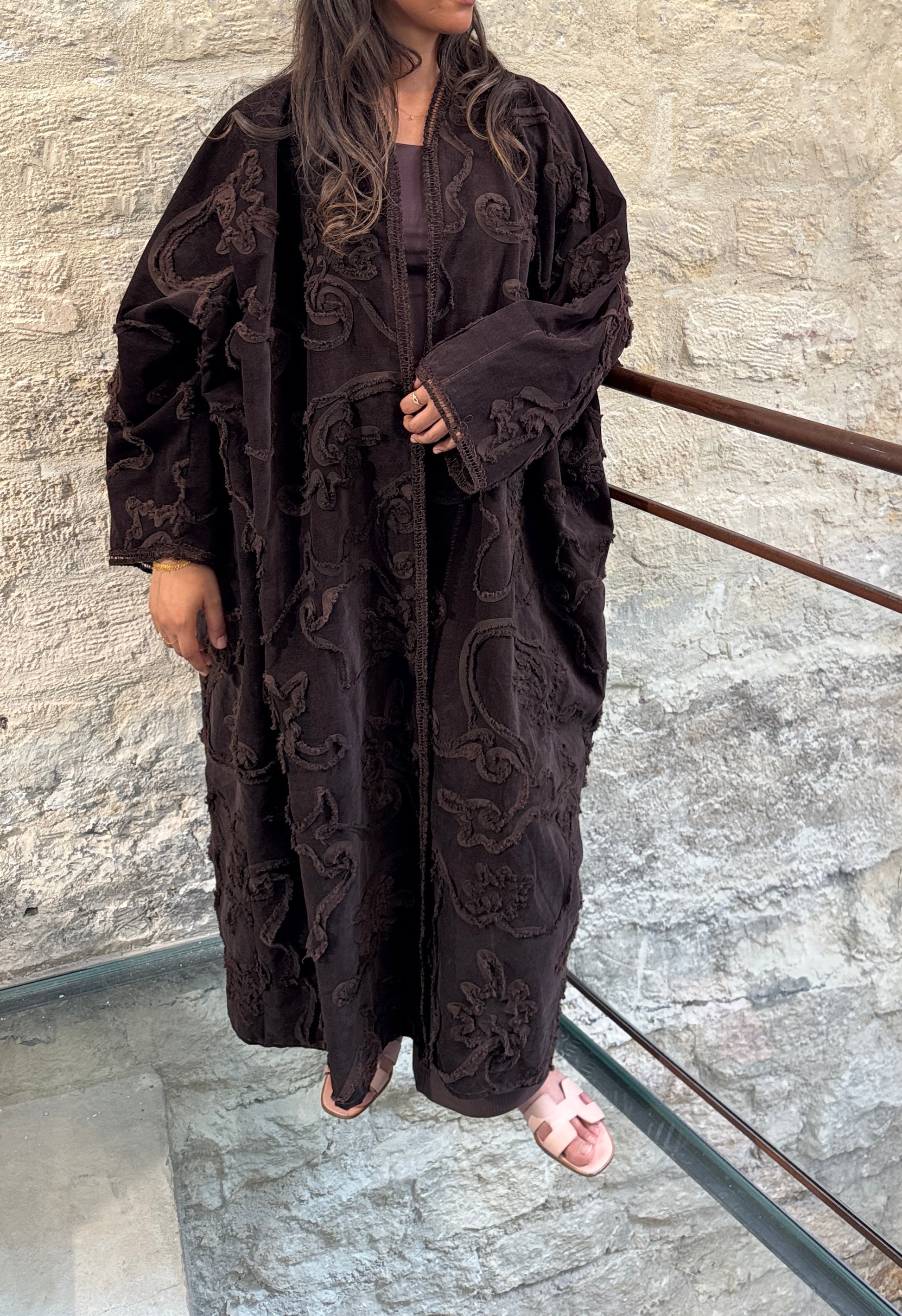 Kimono velours brodé marron