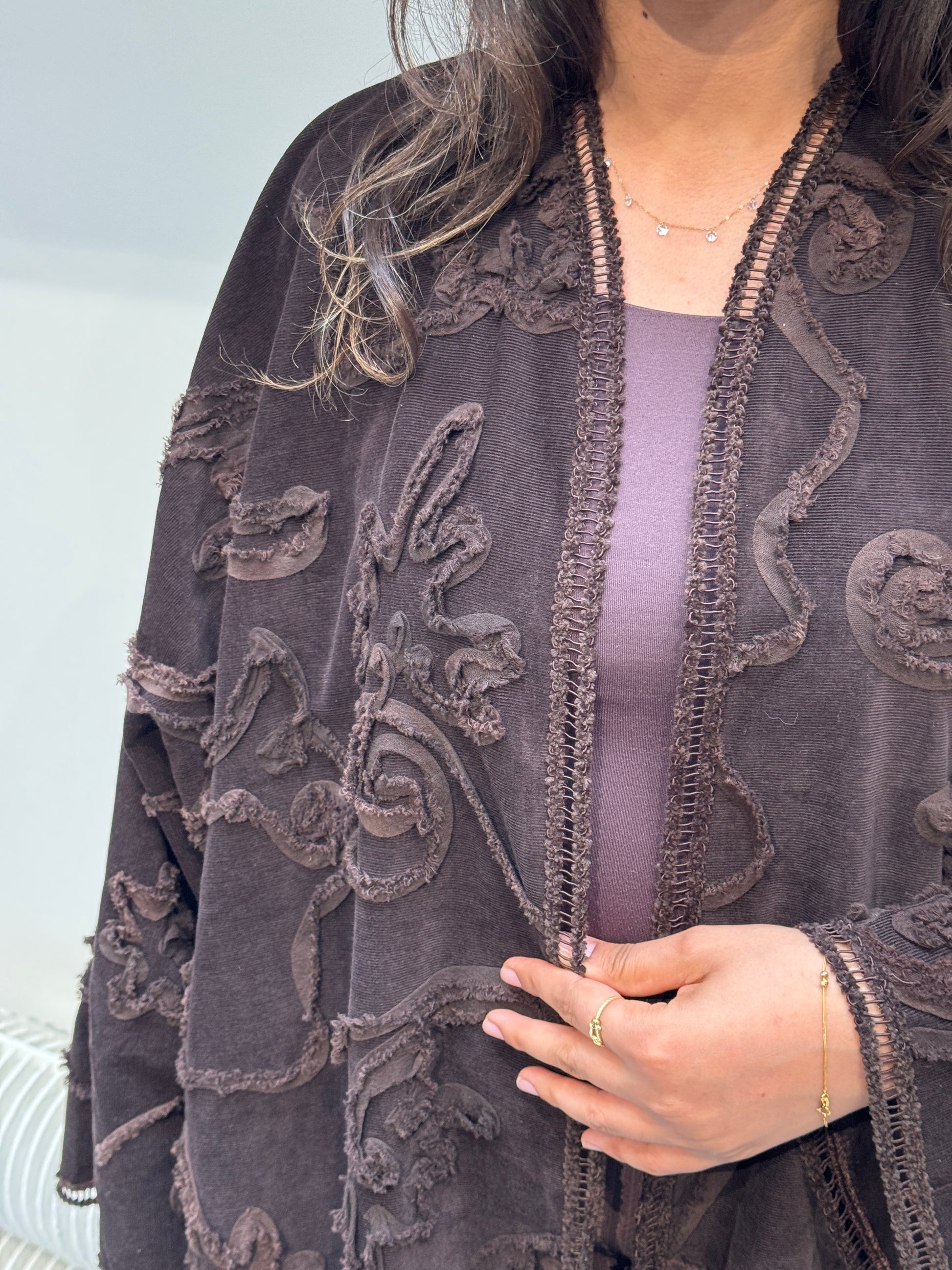 Kimono velours brodé marron