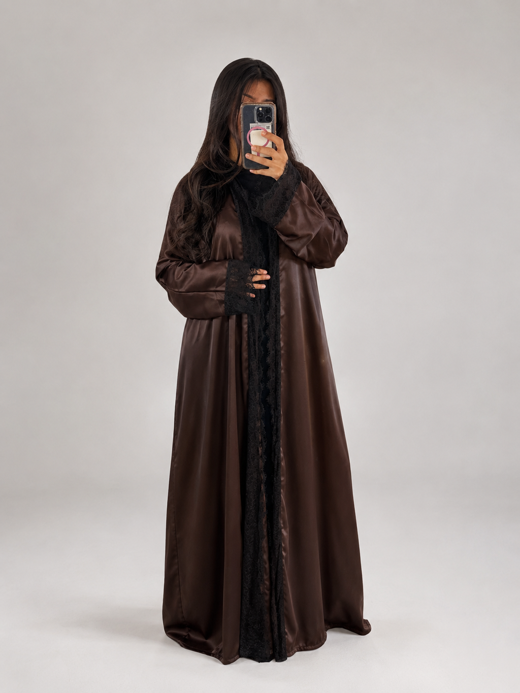 Kimono satin dentelle marron