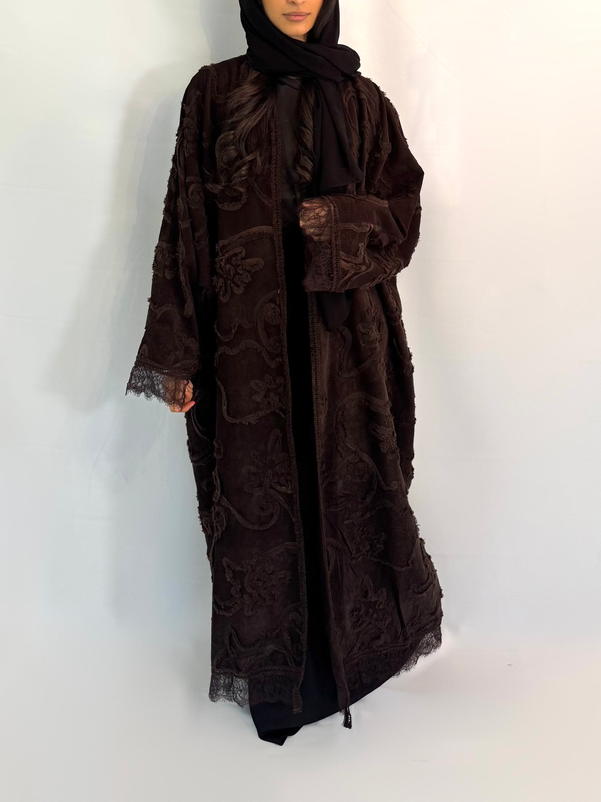 Kimono velours brodé marron