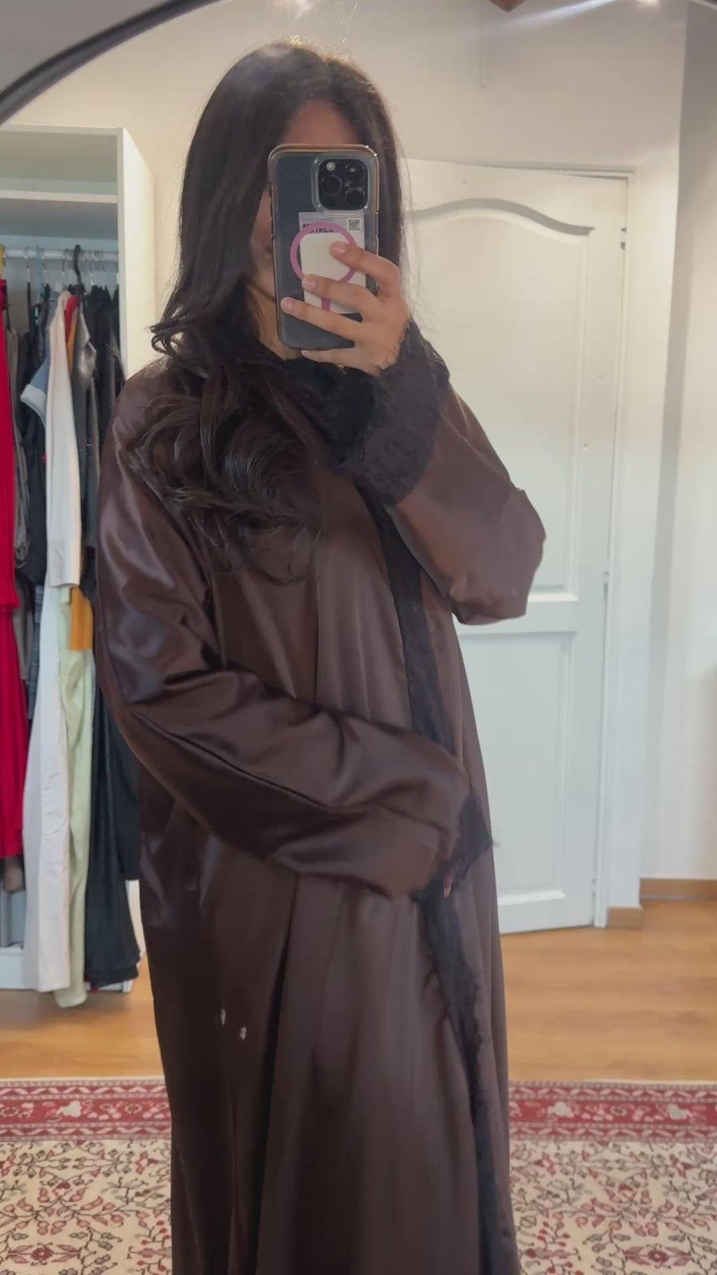 Kimono satin dentelle marron